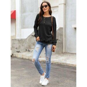 Womens V Neck Henley Shirts Long Sleeve Sweatshirts‎ Causal Pullover Button